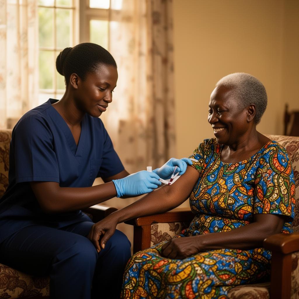 A CMD Labs medical laboratory scientist warmly collecting a blood sample from a smiling elderly Ghanaian woman in her home